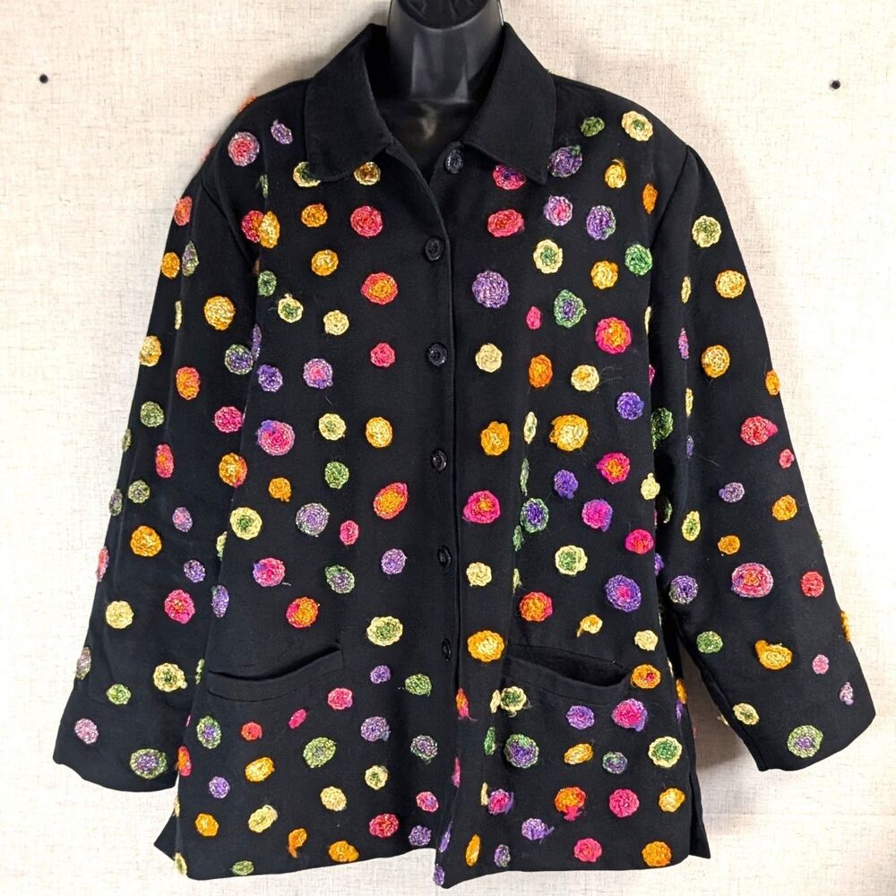 Vintage Anage Black Multicolor Polka Dot Textured Blazer Jacket Size Large